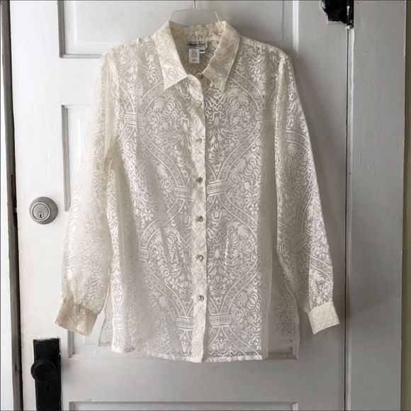 Coldwater Creek Tops - Coldwater Creek Cream Sheer LS Blouse Medium EUC